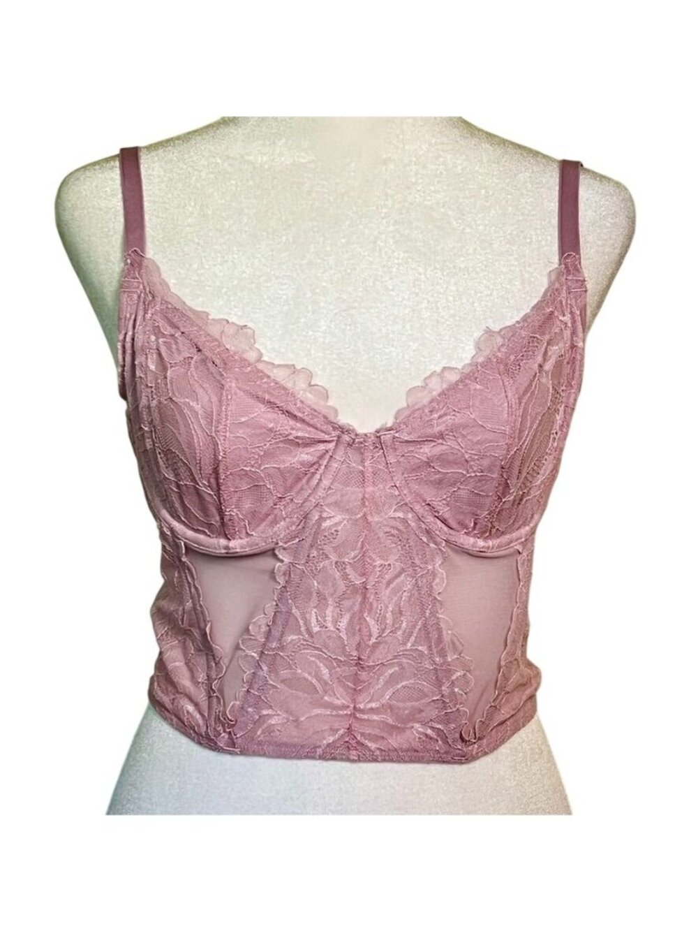 Dusty Mauve Floral Lace Bustier Corset Top Sheer Mesh Underwire Coquette Sz S